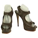 Yves Saint Laurent YSL Brown Stretch Leather Strappy Open Toe Sandal Heels 40