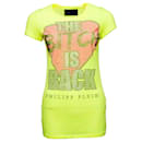 Philipp Plein, Fluorescent yellow T-shirt with text in small pink/Black/silver stones in size S.