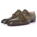 Santoni, shoes in olive green alligator leather