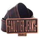 Gaultier Jeans, black high shine leather belt with bordeaux red details in size 70. - Jean Paul Gaultier