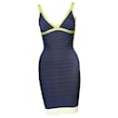 HERVE LEGER, blue bodycon dress with lime green framing in size S. - Herve Leger
