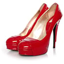 VERSACE Jeans Couture, Red Patent leather platform pumps with gold studs in size 39. - Versace Jeans Couture