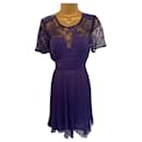 Whistles Damen Clara Purple Pleat Chiffon Lace Short Sleeve Dress UK 8 EU 36