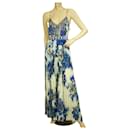 Camilla Blue White Floral Beaded Pleated Sleeveless Open Back Maxi dress size S