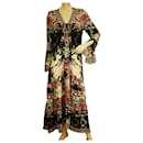 Camilla Mandarin Chinese Print Beaded 100% Silk Long Bell Sleeves Maxi dress S