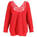 Balenciaga Underwear Lace Trimmed Ribbed Knit V-neck Sweater in Red Virgin Wool