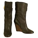 Chloe Black Leather Pull On Wedge Heel Booties Calf Boots Shoes size 40 - Chloé