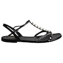 Saint Laurent Pearl and Chain T-strap Flat Sandals in Black Leather