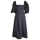 Ganni Topstitched Midi Dress in Black Organic Cotton 