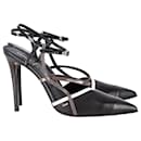 Fendi Pointed Toe Ankle Strap Pumps Black Leather and Lizard Embossed Leather