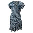 Diane Von Furstenberg Ruffled Cubic Print Wrap Dress in Blue Viscose