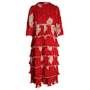 Vestido midi escalonado de poliéster reciclado con estampado floral rojo de Ganni
