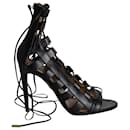 Aquazzura Amazon Lace-Up Ankle-Wrap Sandals in Black Leather