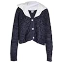 Ganni Cropped Embellished Poplin-collar Cable-knit Cardigan in Navy Blue Wool