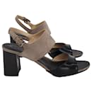 Tod's Block Heel Sandals in Beige and Black Suede and Leather