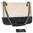 CHANEL Chain Shoulder Bag Coated Canvas White Black CC Auth bs7078 - Chanel