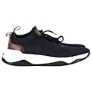 Berluti Shadow Knit Sneakers in Navy Blue Mesh and Brown Calfskin Leather