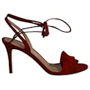 Gianvito Rossi Flora Ruffled Lace-Up Sandals in Red Suede