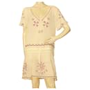 Temperley London Ivoire Soie Rouge Rose Broderie Sheer Mini Robe taille UK 12