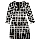 Balmain Nero / Mini abito con stampa a griglia geometrica bianca con paillettes