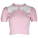 Self-Portrait Lace-Insert Knitted Top in Light Pink Cotton - Self portrait