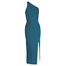 Herve Leger Icon One-Shoulder Bandage Gown in Teal Rayon