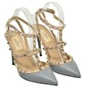 Light Grey Rockstud Pointed Toe Ankle Strap Pumps - Valentino