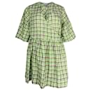Ganni Checked Seersucker Wrap Dress in Green Organic Cotton