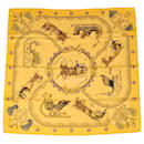HERMES CARRE 90 Scarf ""Plumes et Grelots"" Silk Yellow Auth 50267 - Hermès