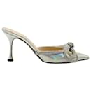 Mach & Mach Iridescent Double Crystal Bow Pointed-toe Mules in Silver Leather