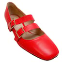 Vivetta Red Leather Double Strap Mary Jane Pumps with Crystal Buckles - Autre Marque