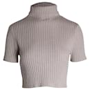 Staud Short-Sleeved Turtleneck Knitted Cropped Top in Beige Merino Wool
