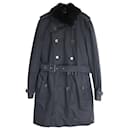 Burberry Fur-Trimmed Collar Double-Breasted Trench Coat in Black Cotton