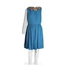 RED Valentino Sleeveless Mini Dress with Leather Floral Neckline in Blue Cotton - Red Valentino