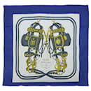HERMES CARRE 90 Cachecol BRIDES de GALA Seda Azul Branco Autenticação8061 - Hermès
