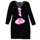 Valentino Boutique Vintage Black / Pink Satin Bow Detail Long Sleeved V-Neck Velvet Dress