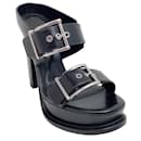 Alexander McQueen Black Leather Platform Sandals with Silver Buckles - Alexander Mcqueen