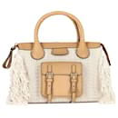 Chloe Edith Fringe Medium Day Bag in Beige Linen and Tan calf leather Leather - Chloé