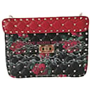 Valentino Rockstud Spike bag in black and red leather with flower pattern - Valentino Garavani