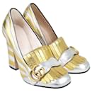 plata/Zapatos de tacón dorados con estampado de cebra Marmont - Gucci