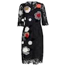 Dolce & Gabbana Blumen- und Kunstfell-Applikationskleid aus schwarzer Viskose