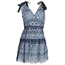 Self-Portrait Tiered Bow-Detailed Mini Dress in Blue Polyester Guipure Lace  - Self portrait