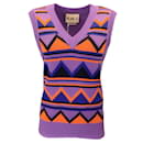 Plan C Purple / Orange Multi Patterned Knit Sleeveless V-Neck Cotton Knit Sweater - Autre Marque