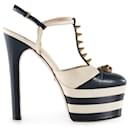 Gucci Navy Blue & Off-White Leather Spike Studded Platform Ankle Strap Sandals