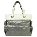 CHANEL BIARRITZ GM HANDBAG IN LEATHER & SILVER CANVAS QUILTED TOTE BAG - Chanel