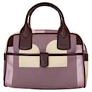 Bally Purple Signature Canvas Brown Leather Top Handles Satchel Handbag Bag