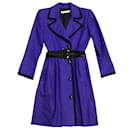 Saint Laurent Rive Gauche Vintage Violet / Robe en laine ceinturée en cuir verni à manches longues et finitions noires