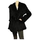 Derhy Rabbit Fur Black Modern cut Belted Jacket Coat w. Fringes size L - Autre Marque