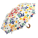 CHANEL Foldable Semi-Automatic Parasol Umbrella Cotton Wood White CC Auth bs8499 - Chanel