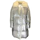 Yves Salomon Ejército Plata Metálico / Abrigo acolchado acolchado con capucha y ribete de piel de cordero color marfil
